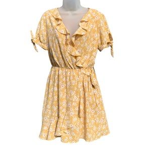 CITY TRIANGLES Womens Size M Mustard Yellow Ivory Floral Faux Wrap Ruffles Dress